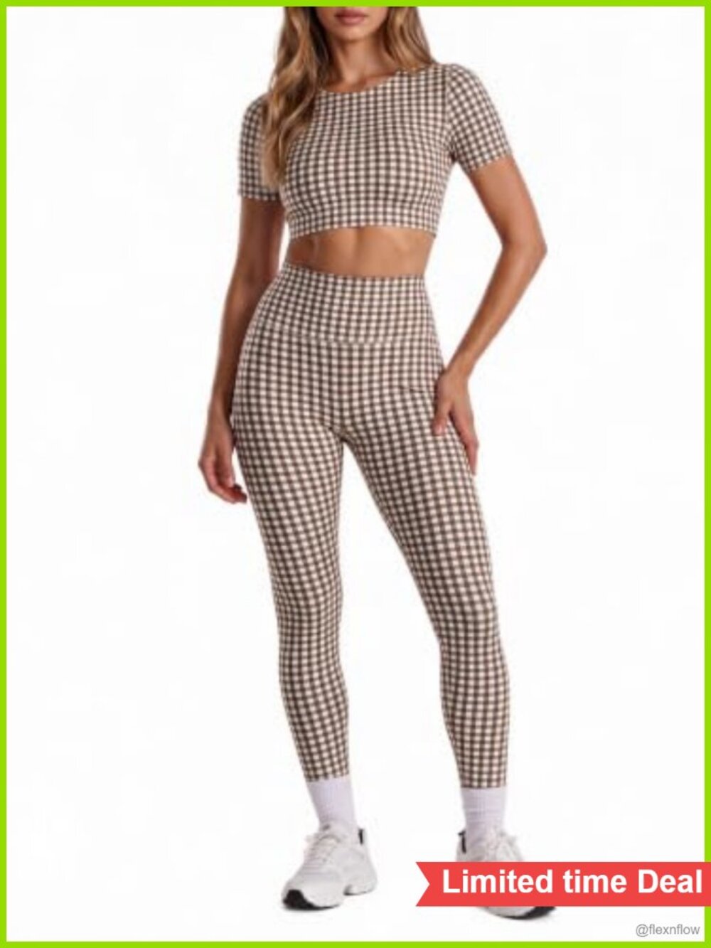 Gingham Crop Top Built-in Bra High Waist Biker Shorts 2 Piece Workout Set